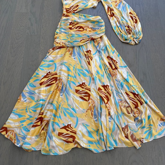 Bronx and Banco Jafari Isla Dress Yellow One Shoulder Maxi Floral Cut Out Sz XS - Picture 5 of 11
